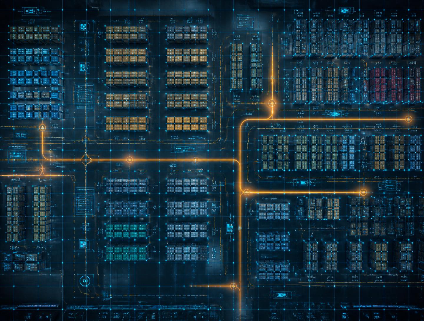 Aerial digital-twin map of a warehouse yard with movement paths