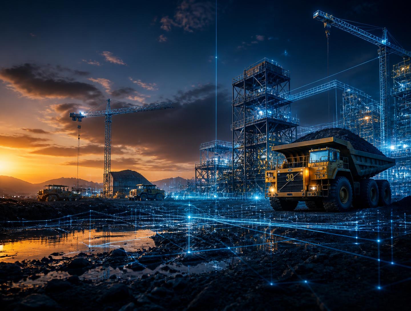 Construction and mining site at dusk with a digital materials network overlay