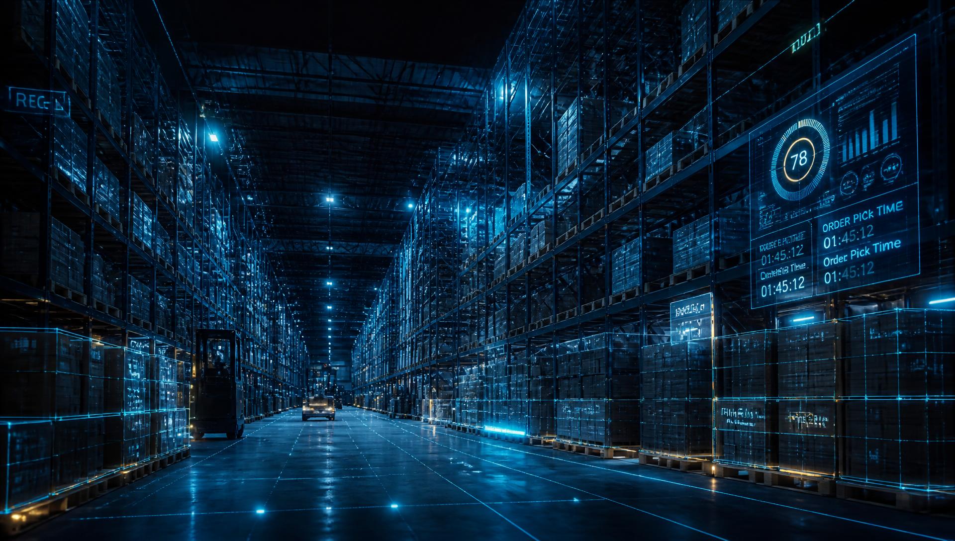 Digital-twin view of a warehouse aisle with holographic stock overlays
